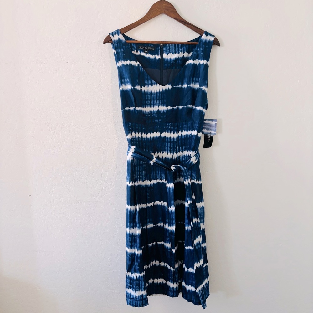NWT Lafayette 148 New York Navy Blue White Tie-Dye Midi Sleeveless Dress 16 Silk